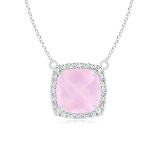 7mm AAAA Claw-Set Cushion Rose Quartz Beaded Halo Necklace in P950 Platinum