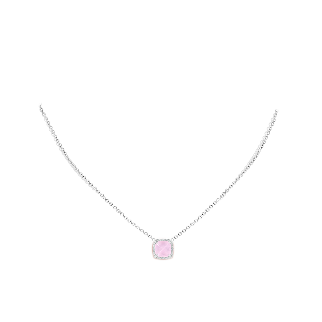 8mm AAA Claw-Set Cushion Rose Quartz Beaded Halo Necklace in White Gold Body-Neck