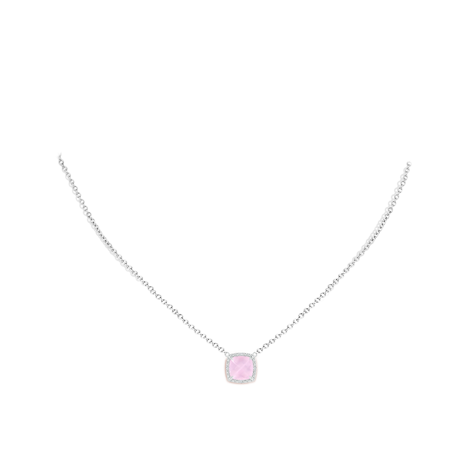 8mm AAA Claw-Set Cushion Rose Quartz Beaded Halo Necklace in White Gold body-neck