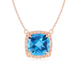 7mm AAA Claw-Set Cushion Swiss Blue Topaz Beaded Halo Necklace in Rose Gold