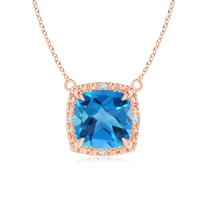 7mm AAAA Claw-Set Cushion Swiss Blue Topaz Beaded Halo Necklace in Rose Gold