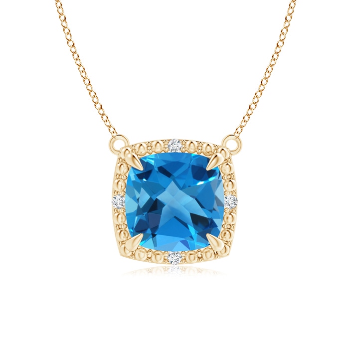 7mm AAAA Claw-Set Cushion Swiss Blue Topaz Beaded Halo Necklace in Yellow Gold