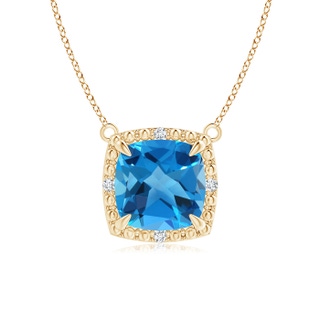 7mm AAAA Claw-Set Cushion Swiss Blue Topaz Beaded Halo Necklace in Yellow Gold