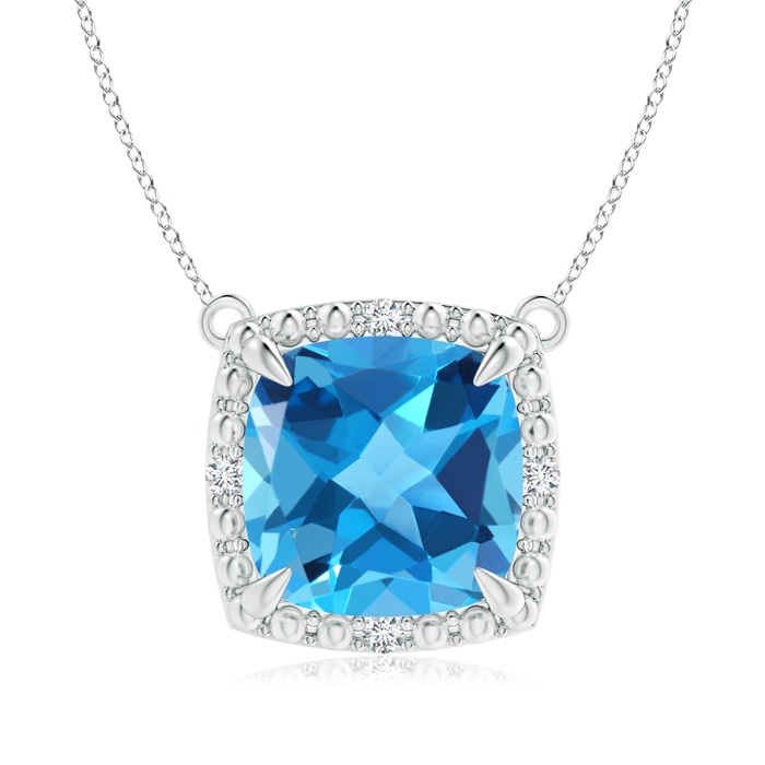 9mm AAA Claw-Set Cushion Swiss Blue Topaz Beaded Halo Necklace in White Gold