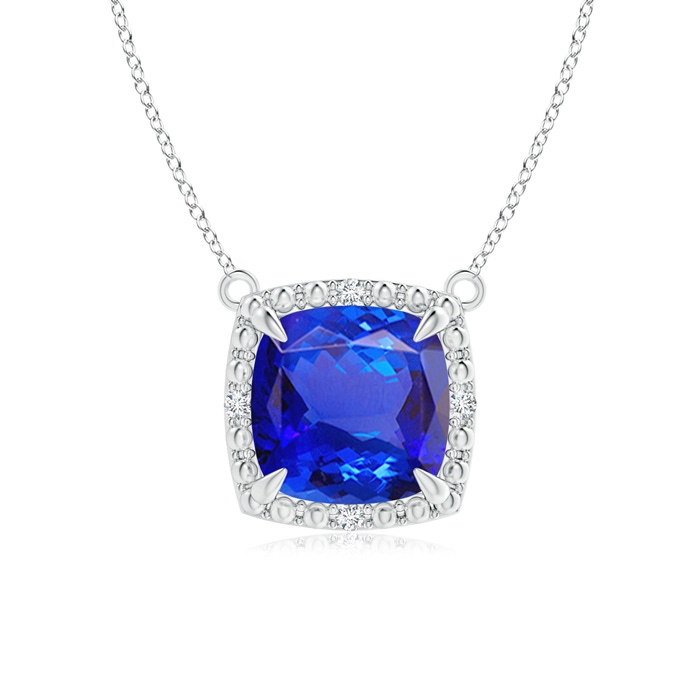 7mm AAA Claw-Set Cushion Tanzanite Beaded Halo Necklace in White Gold 