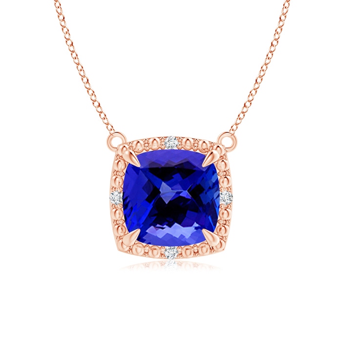 7mm AAAA Claw-Set Cushion Tanzanite Beaded Halo Necklace in Rose Gold