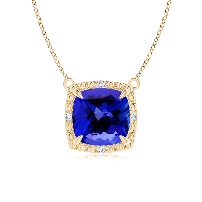 7mm AAAA Claw-Set Cushion Tanzanite Beaded Halo Necklace in Yellow Gold