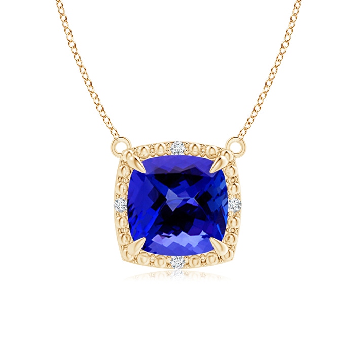 7mm AAAA Claw-Set Cushion Tanzanite Beaded Halo Necklace in Yellow Gold 