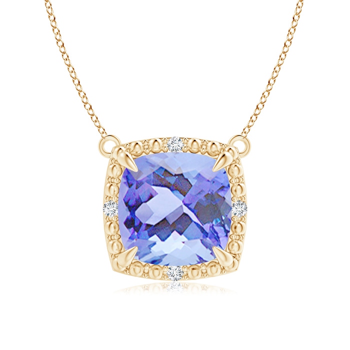 8mm A Claw-Set Cushion Tanzanite Beaded Halo Necklace in Yellow Gold 