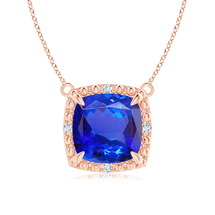 8mm AAA Claw-Set Cushion Tanzanite Beaded Halo Necklace in Rose Gold 