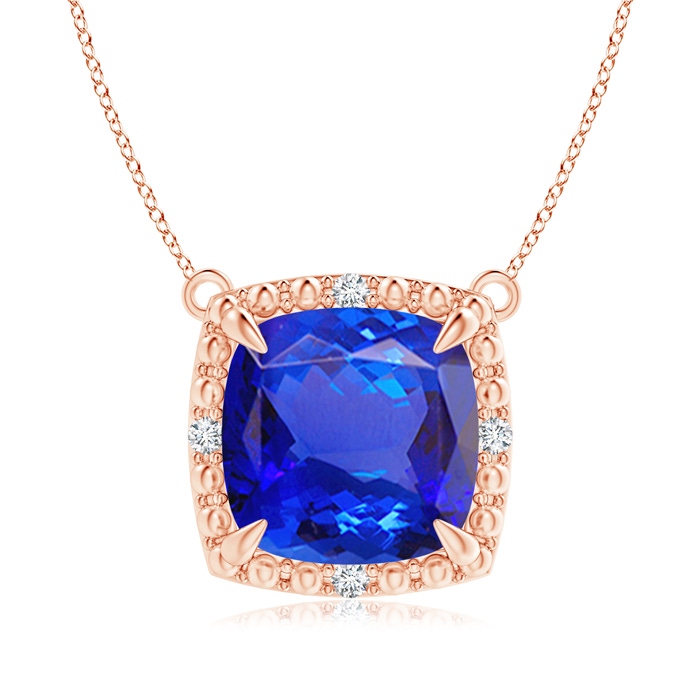 9mm AAA Claw-Set Cushion Tanzanite Beaded Halo Necklace in Rose Gold 