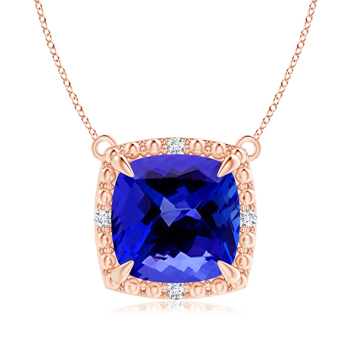 9mm AAAA Claw-Set Cushion Tanzanite Beaded Halo Necklace in Rose Gold 