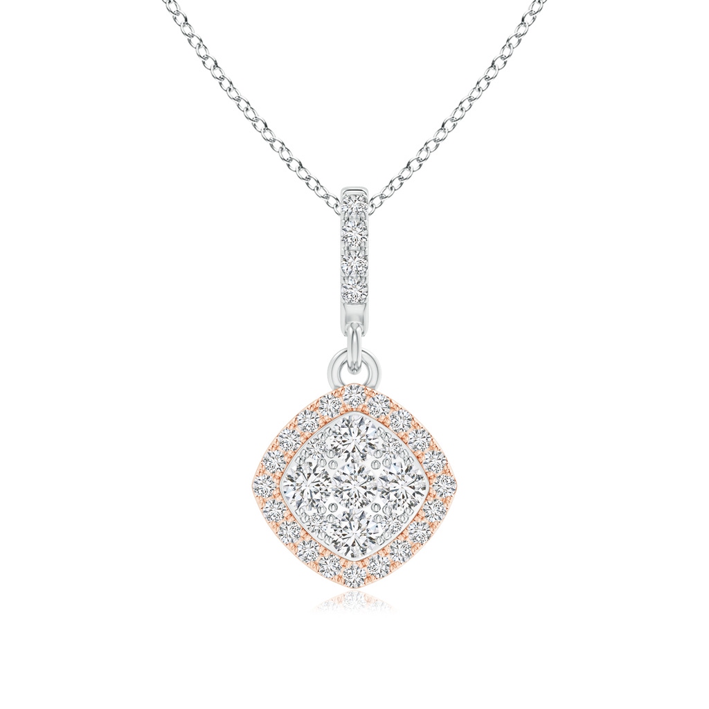 2mm HSI2 Cushion Composite Diamond Halo Dangle Pendant in Two Tone in White Gold Rose Gold 