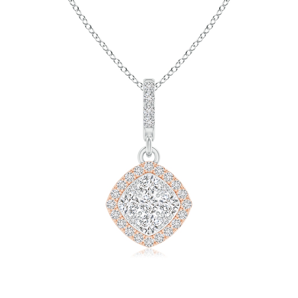 2mm HSI2 Cushion Composite Diamond Halo Dangle Pendant in Two Tone in White Gold Rose Gold