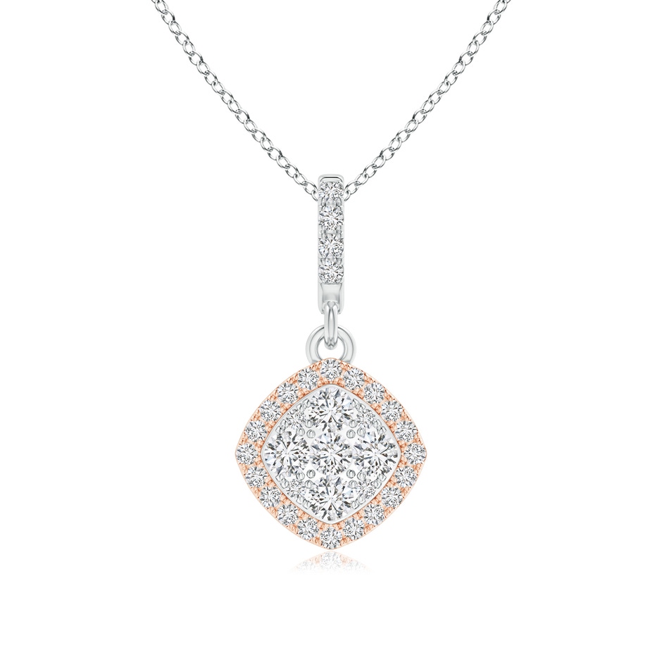 2mm HSI2 Cushion Composite Diamond Halo Dangle Pendant in Two Tone in White Gold Rose Gold 