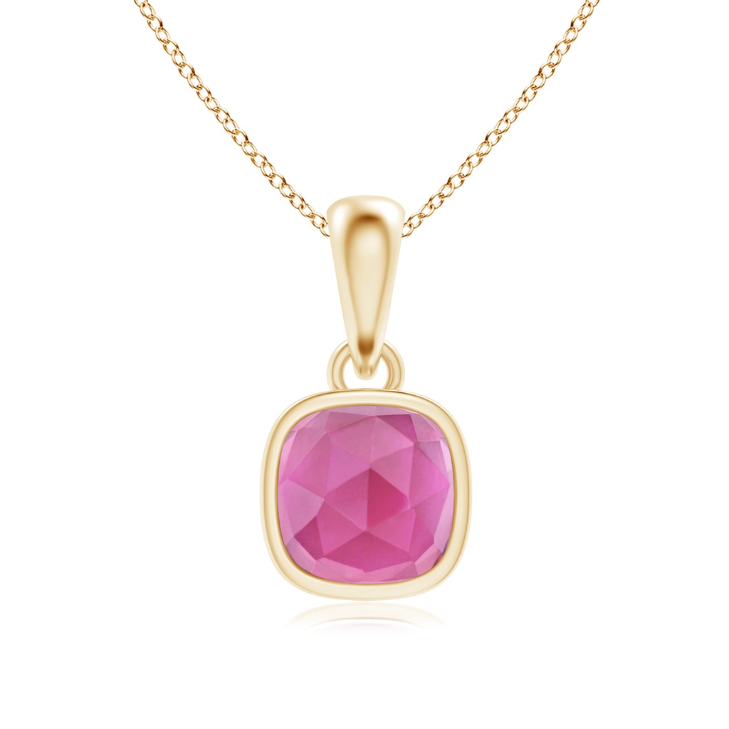 5mm AAA Cushion Pink Tourmaline Solitaire Pendant in Yellow Gold