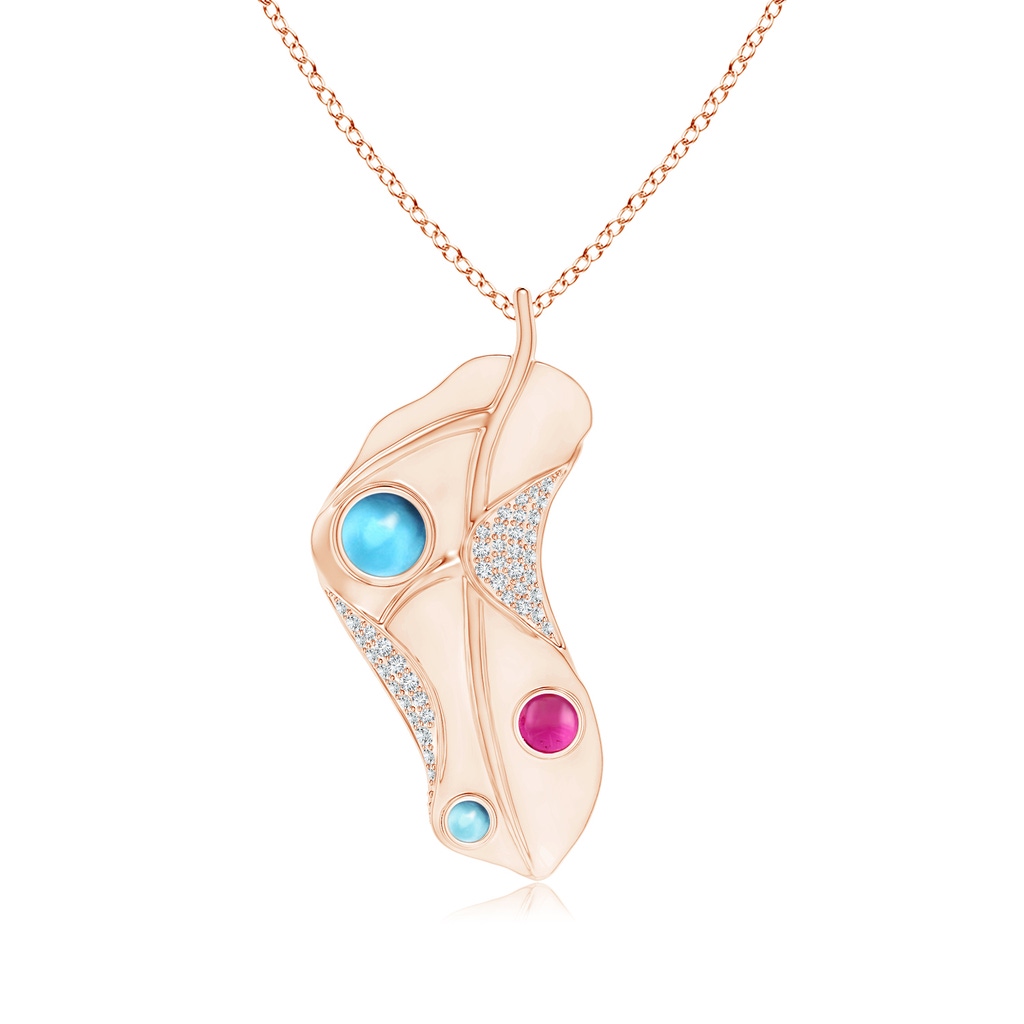 5mm AAA Swiss Blue Topaz and Pink Tourmaline Dew Drop Leaf Pendant in Rose Gold