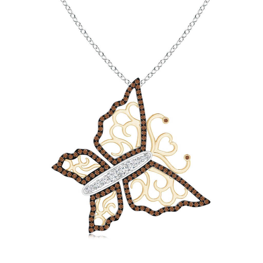 2mm GVS2 White and Coffee Diamond Tilted Butterfly Pendant in Two Tone in White Gold Yellow Gold 