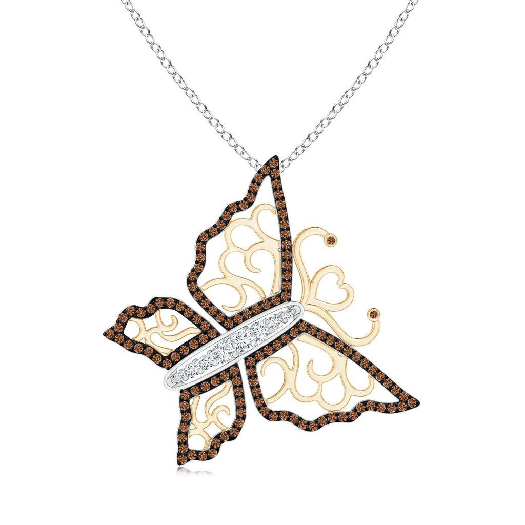 2mm GVS2 White and Coffee Diamond Tilted Butterfly Pendant in Two Tone in White Gold Yellow Gold