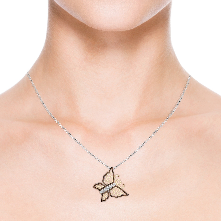 2mm GVS2 White and Coffee Diamond Tilted Butterfly Pendant in Two Tone in White Gold Yellow Gold product image