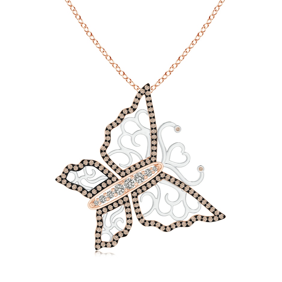 2mm KI3 White and Coffee Diamond Tilted Butterfly Pendant in Two Tone in Rose Gold White Gold 