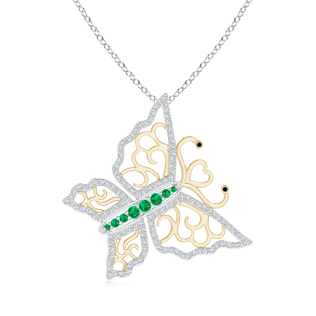 2mm AAA Emerald and Diamond Tilted Butterfly Pendant in Two Tone in White Gold Yellow Gold