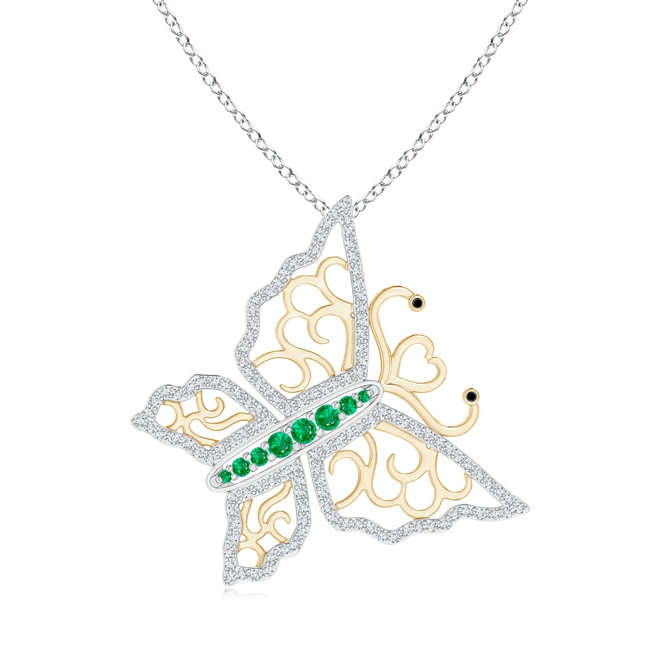 2mm AAA Emerald and Diamond Tilted Butterfly Pendant in Two Tone in White Gold Yellow Gold 