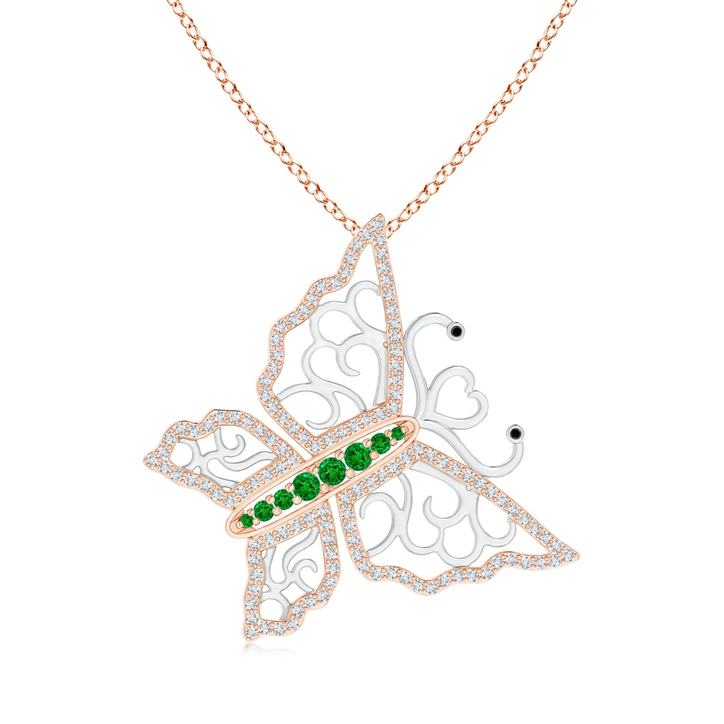 2mm AAAA Emerald and Diamond Tilted Butterfly Pendant in Two Tone in Rose Gold White Gold