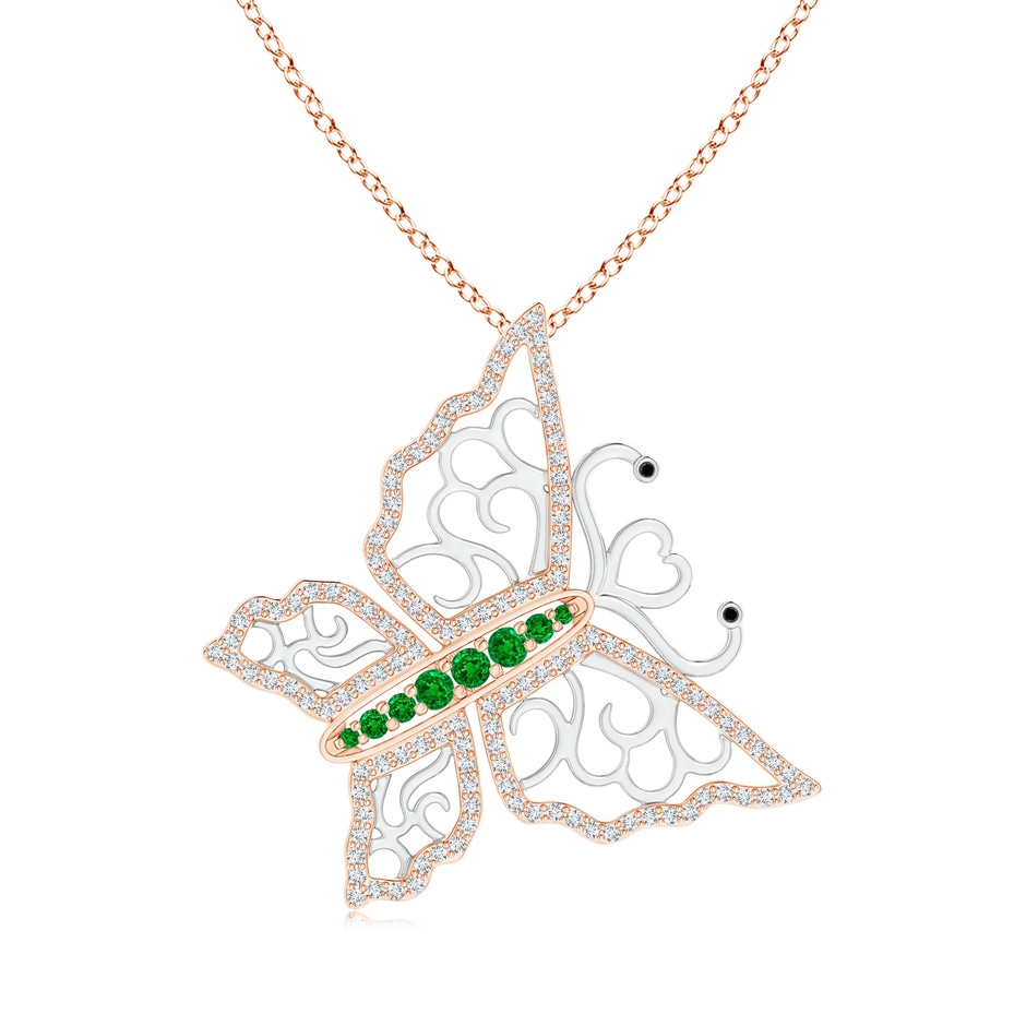 2mm AAAA Emerald and Diamond Tilted Butterfly Pendant in Two Tone in Rose Gold White Gold 