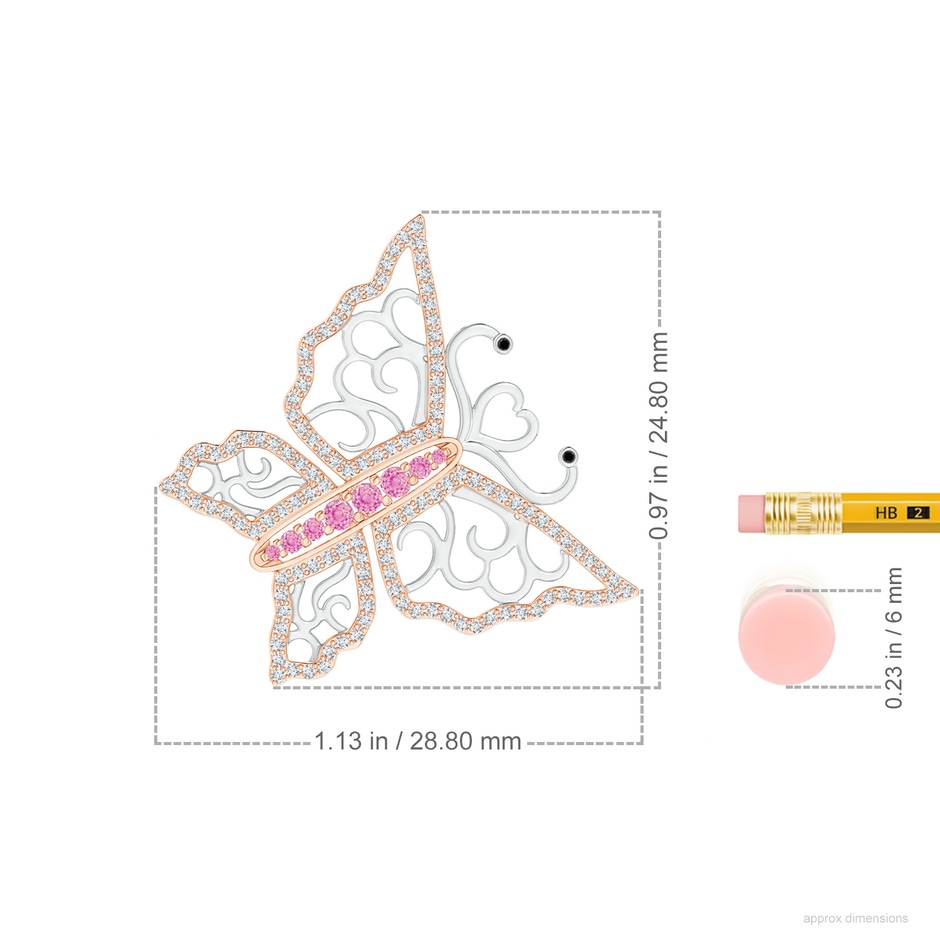 2mm A Pink Sapphire and Diamond Butterfly Pendant in Two Tone in 9K Rose Gold 9K White Gold ruler