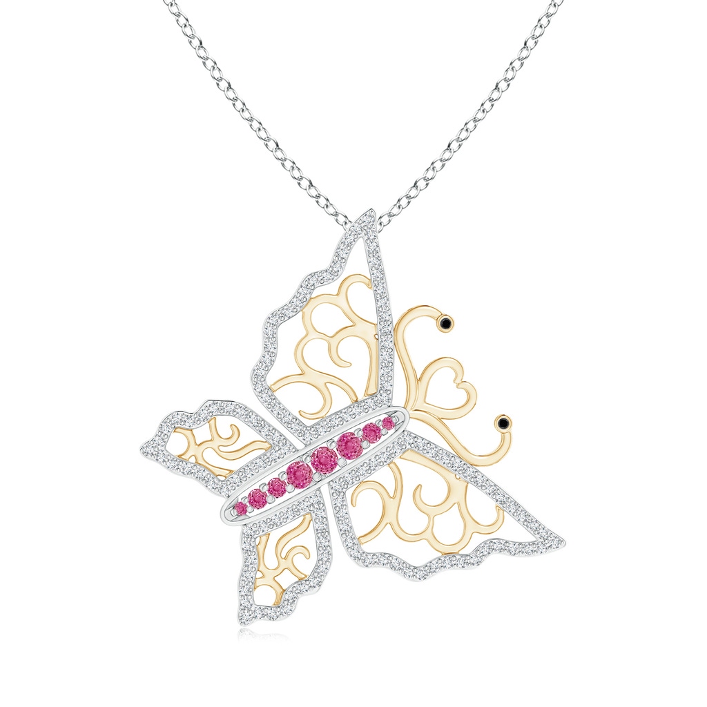 2mm AAA Pink Sapphire and Diamond Butterfly Pendant in Two Tone in White Gold Yellow Gold