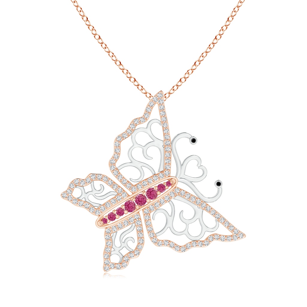2mm AAAA Pink Sapphire and Diamond Butterfly Pendant in Two Tone in Rose Gold White Gold