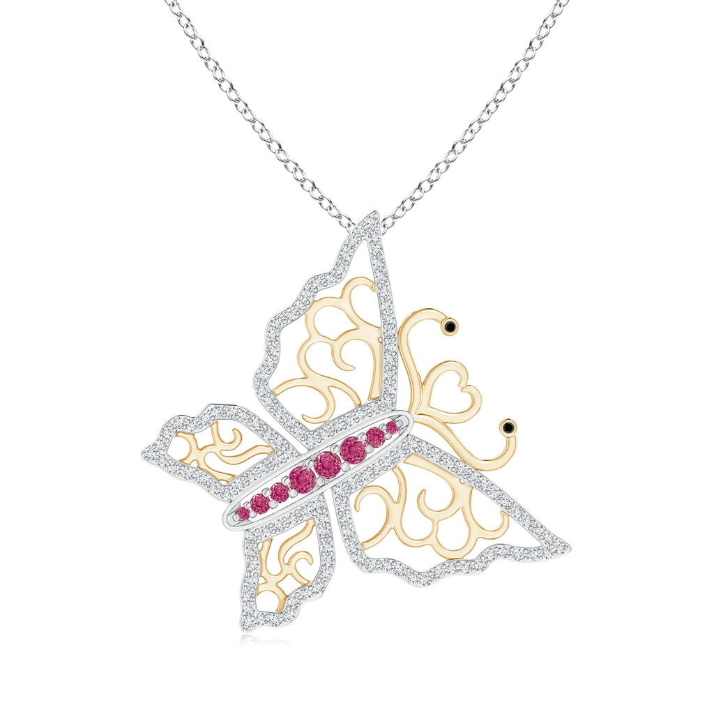 2mm AAAA Pink Sapphire and Diamond Butterfly Pendant in Two Tone in White Gold Yellow Gold