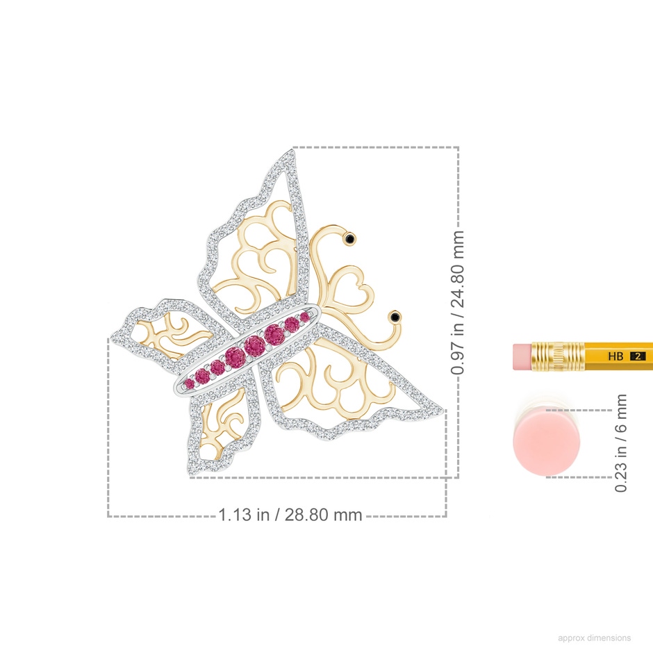 2mm AAAA Pink Sapphire and Diamond Butterfly Pendant in Two Tone in White Gold Yellow Gold ruler