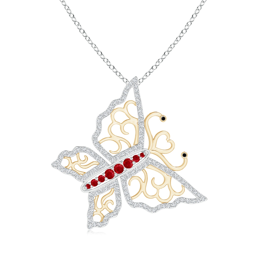 2mm AAA Ruby and Diamond Tilted Butterfly Pendant in Two Tone in White Gold Yellow Gold