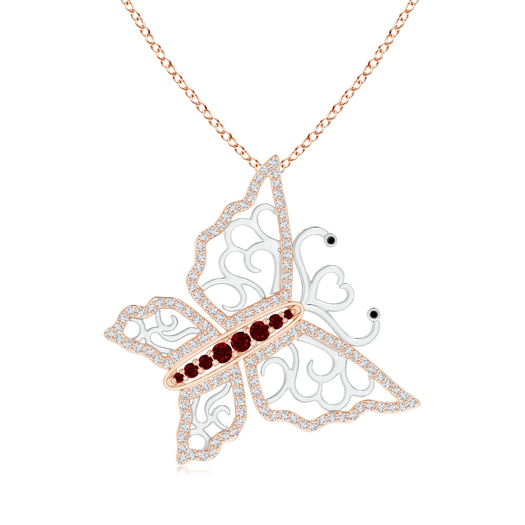 2mm AAAA Ruby and Diamond Tilted Butterfly Pendant in Two Tone in Rose Gold White Gold