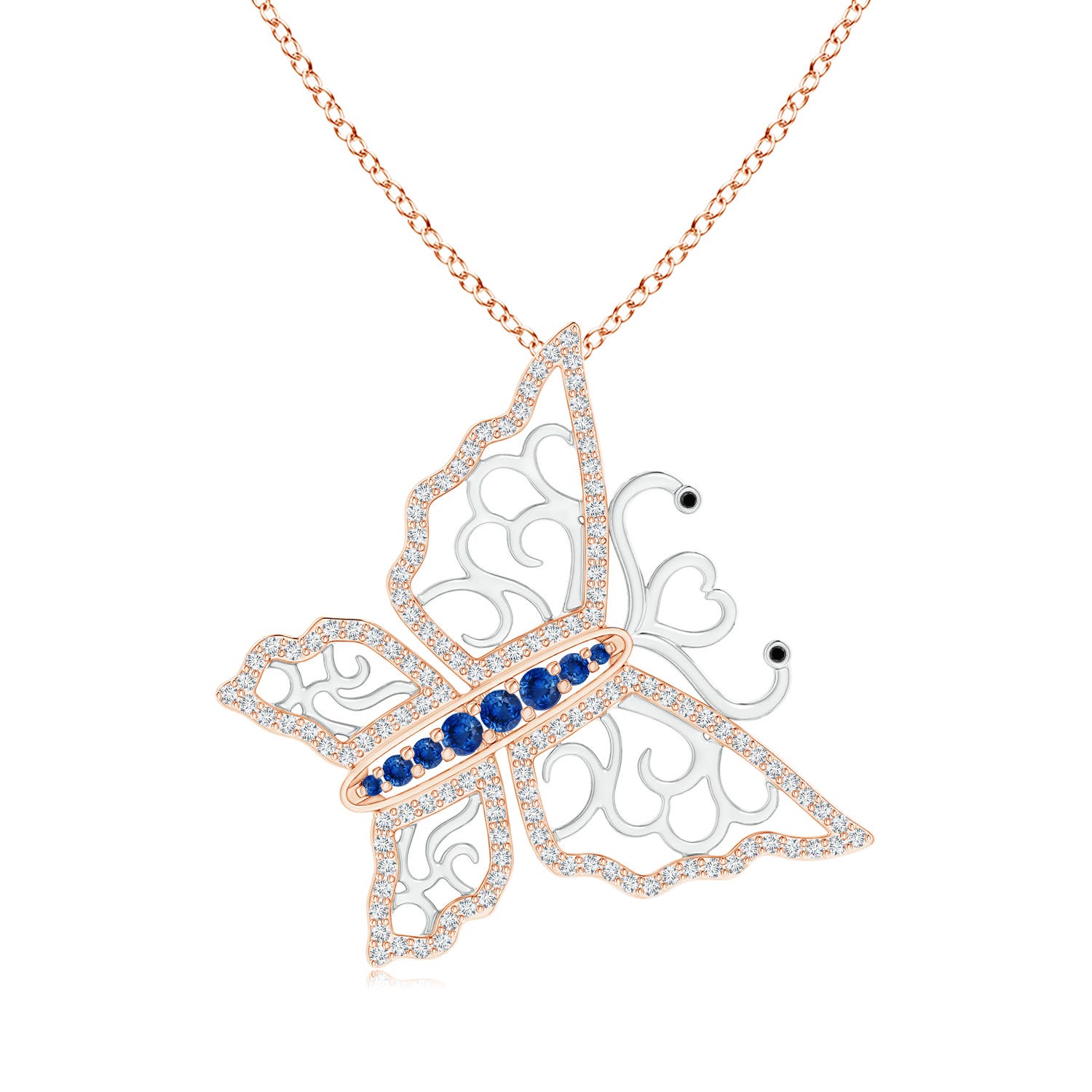 2mm AAA Blue Sapphire and Diamond Butterfly Pendant in Two Tone in Rose Gold White Gold