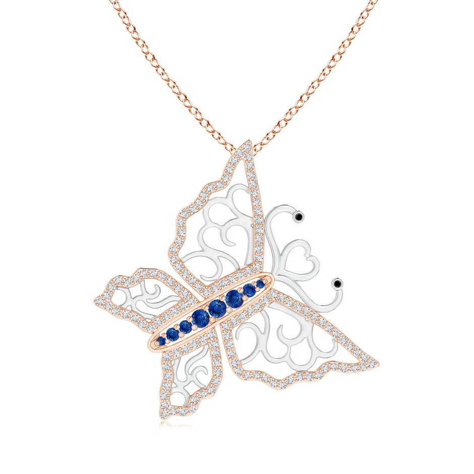 2mm AAA Blue Sapphire and Diamond Butterfly Pendant in Two Tone in Rose Gold White Gold 