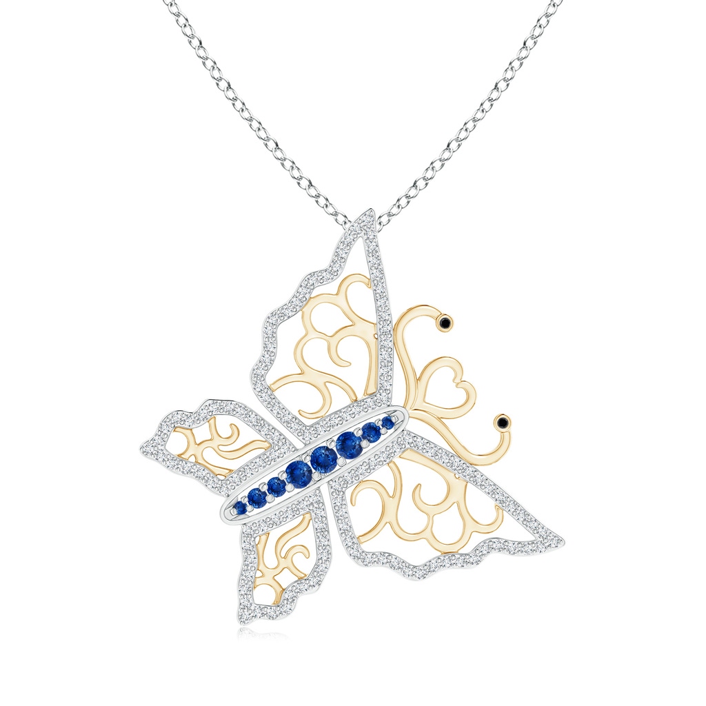 2mm AAA Blue Sapphire and Diamond Butterfly Pendant in Two Tone in White Gold Yellow Gold