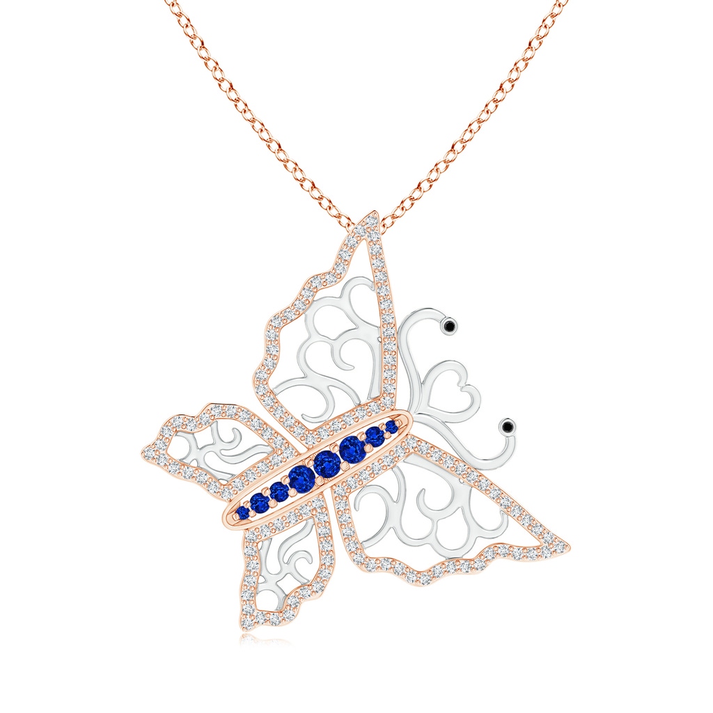 2mm AAAA Blue Sapphire and Diamond Butterfly Pendant in Two Tone in Rose Gold White Gold