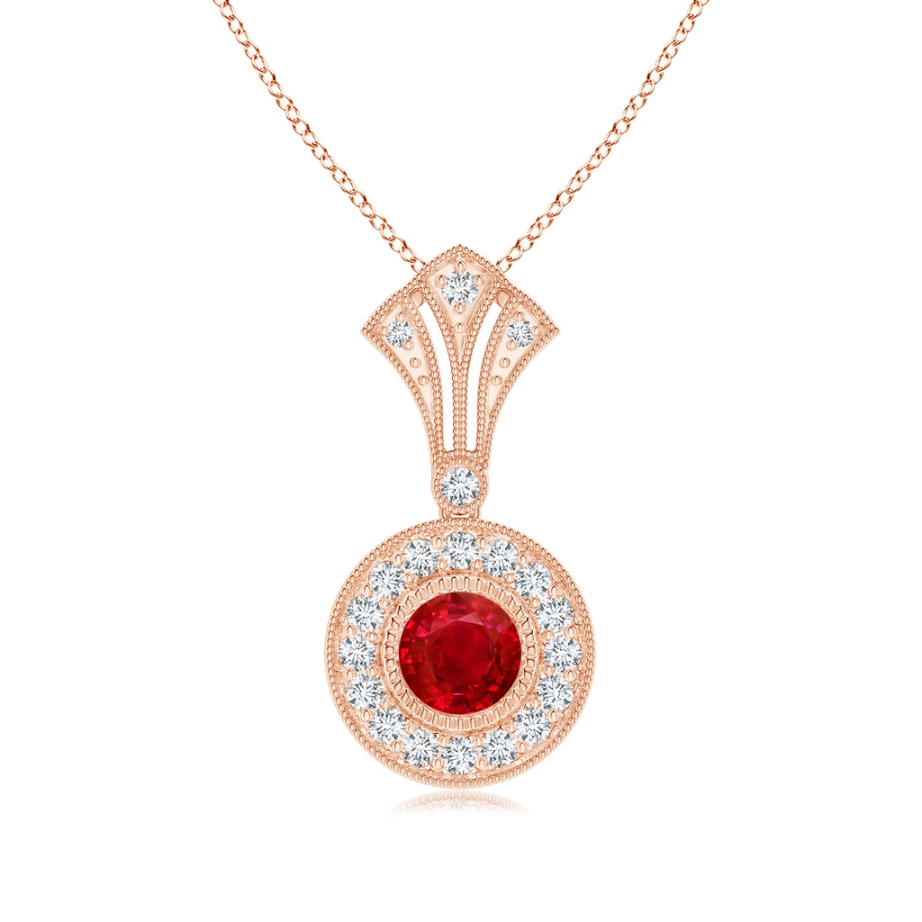 4mm AAA Vintage Style Ruby and Diamond Halo Pendant with Kite Motif in Rose Gold