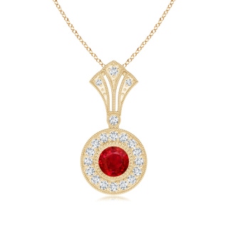 4mm AAA Vintage Style Ruby and Diamond Halo Pendant with Kite Motif in Yellow Gold