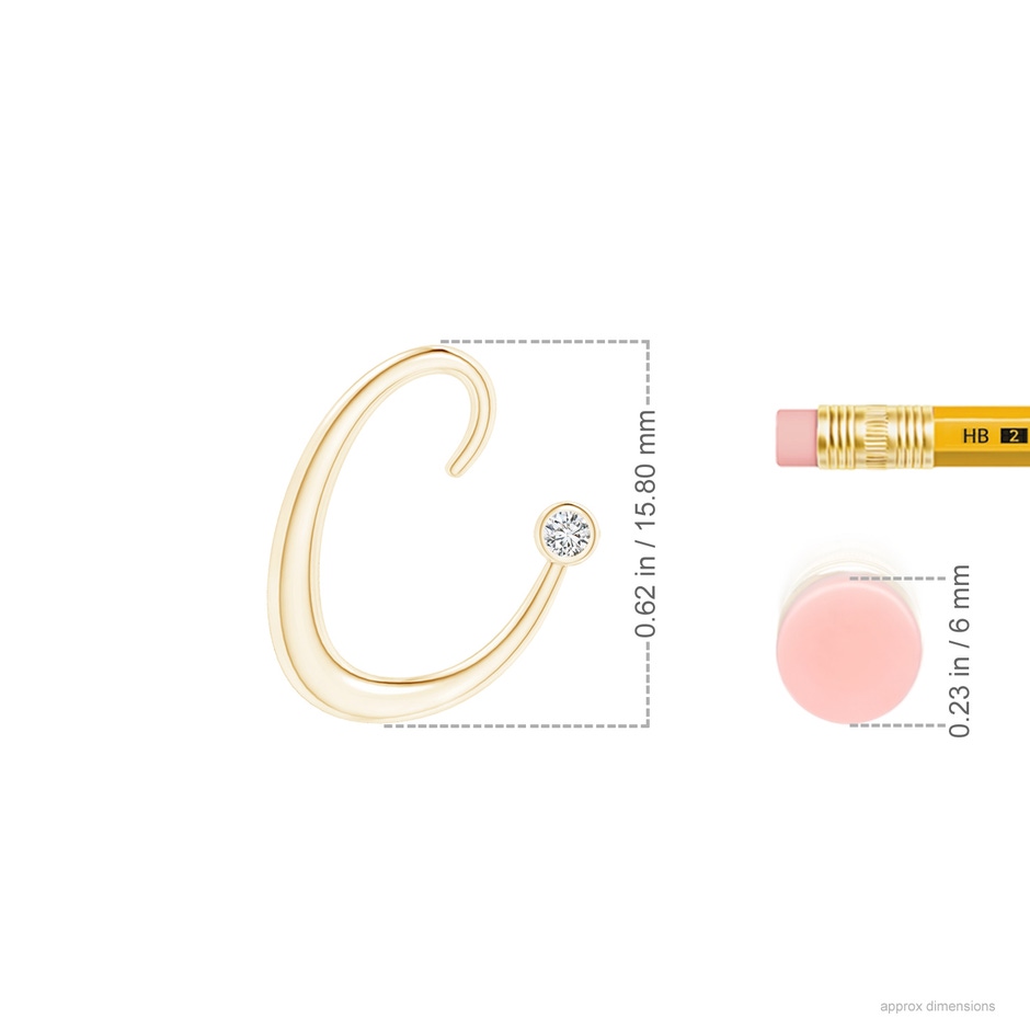 2mm HSI2 Bezel Set Diamond Lowercase "C" Initial Pendant in Yellow Gold ruler
