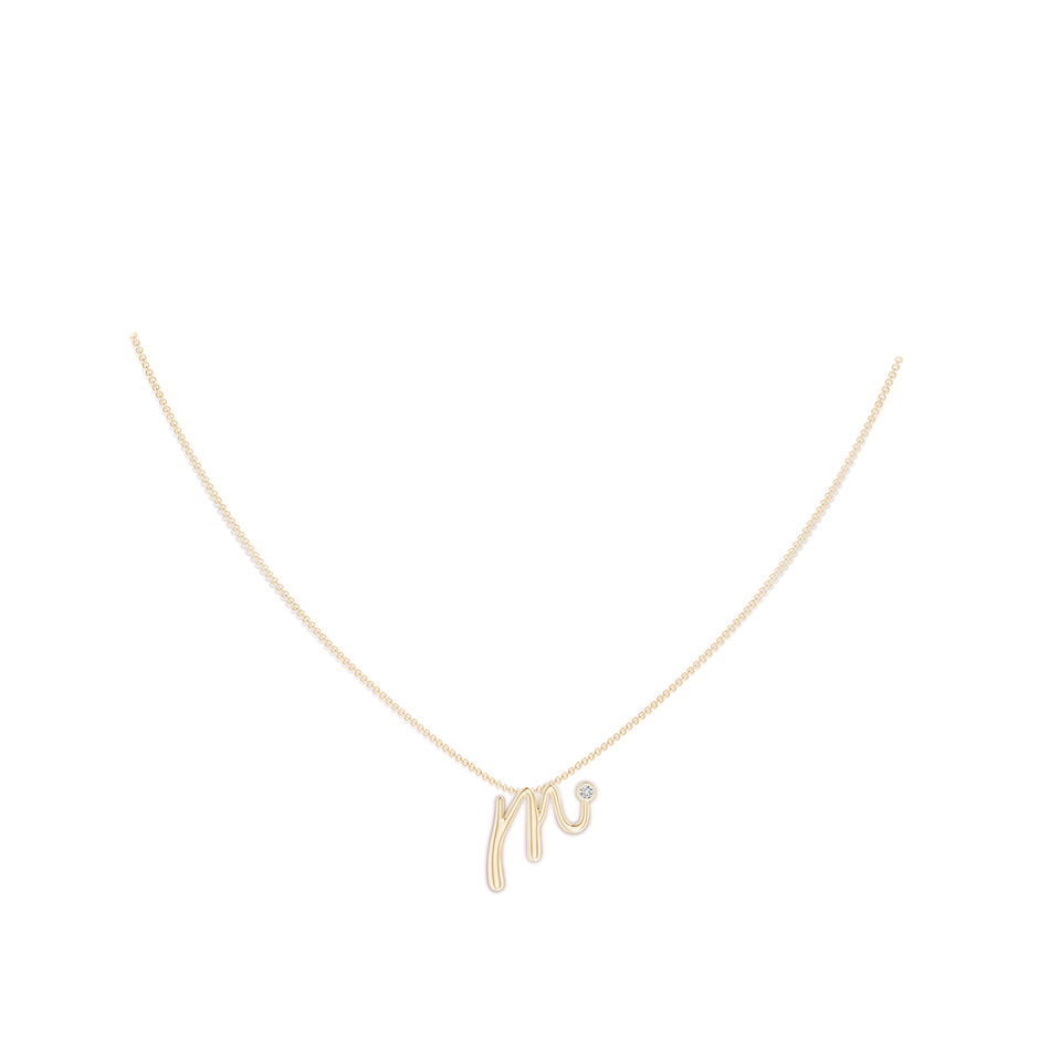 2mm HSI2 Bezel Set Diamond Lowercase "M" Initial Pendant in Yellow Gold body-neck