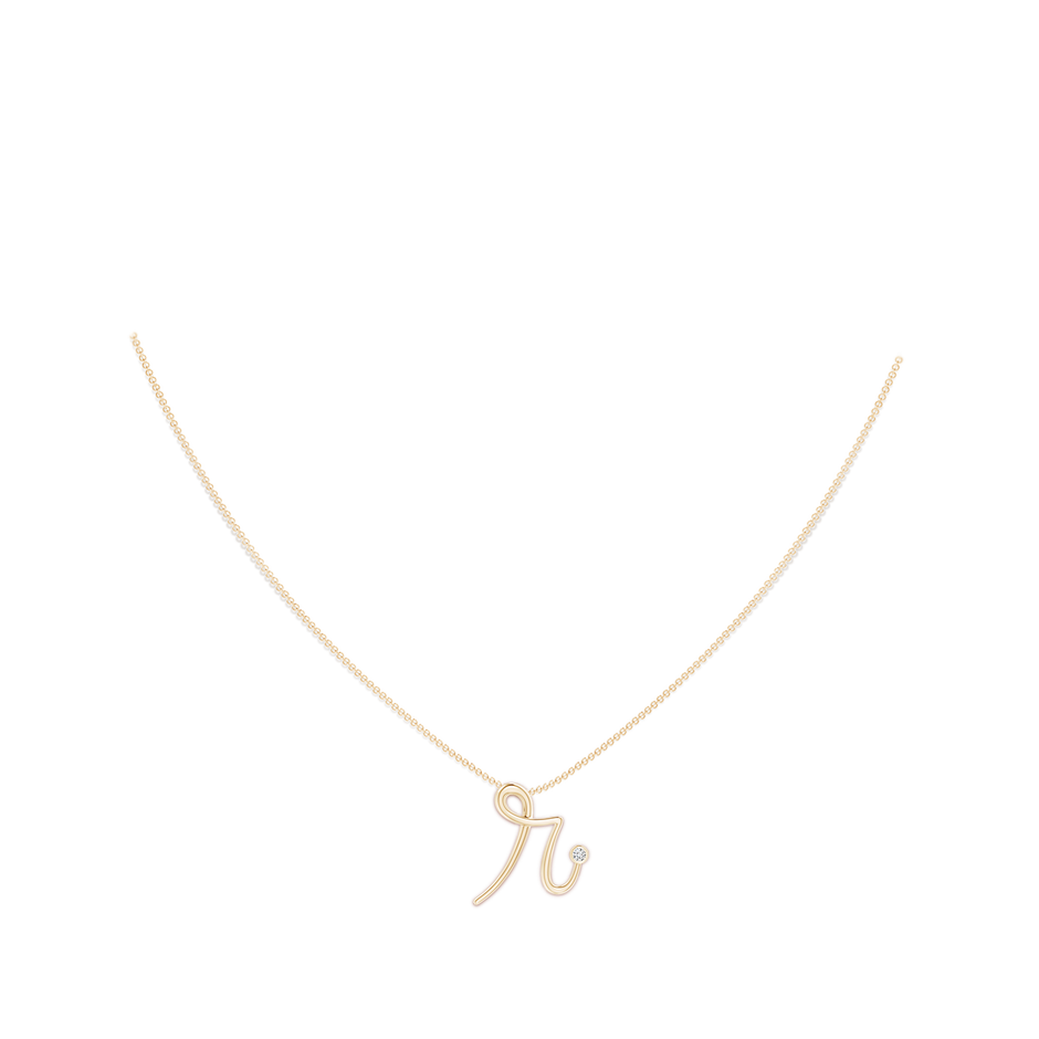 2mm HSI2 Bezel Set Diamond Lowercase "R" Initial Pendant in 10K Yellow Gold body-neck