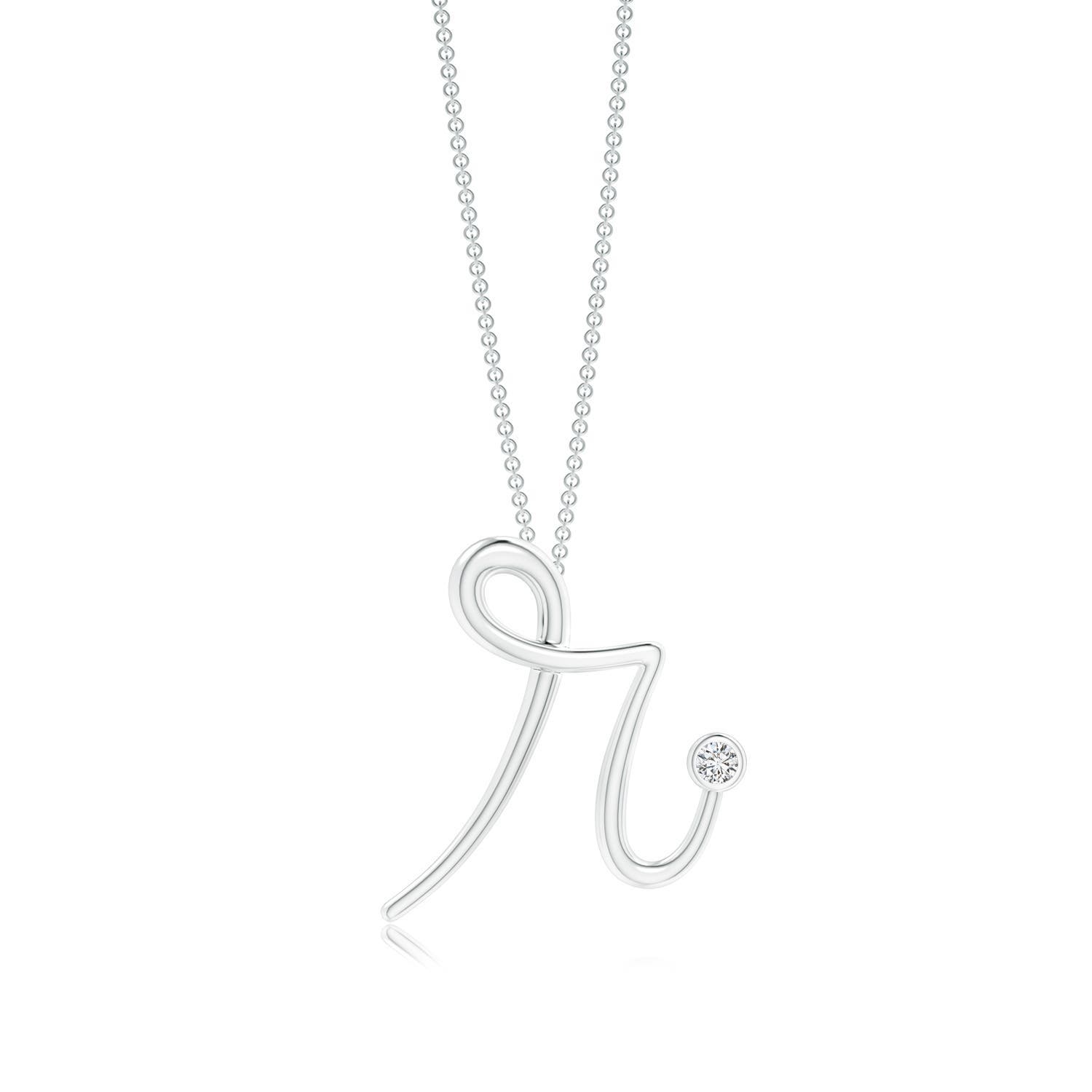 2mm HSI2 Bezel Set Diamond Lowercase "R" Initial Pendant in White Gold
