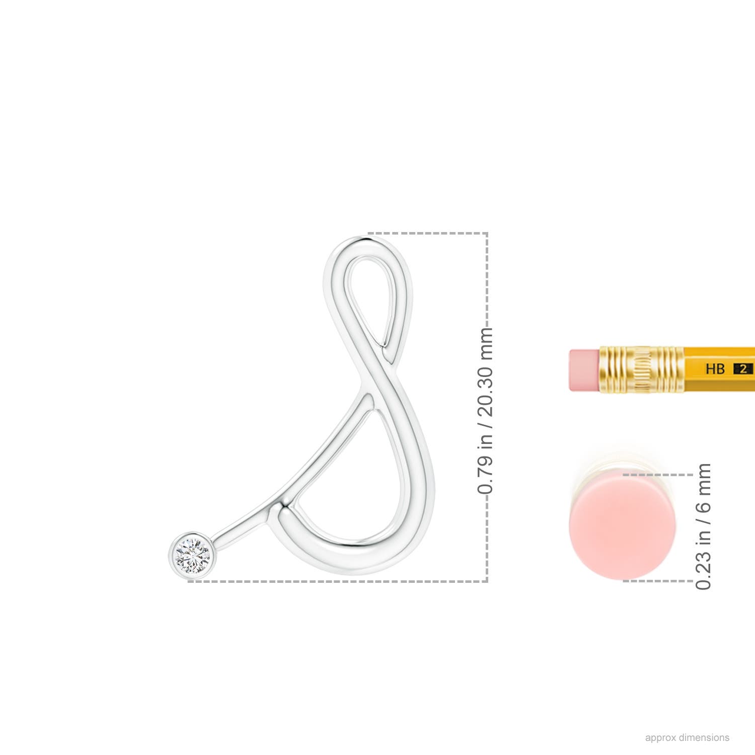 2mm HSI2 Bezel Set Diamond Lowercase "S" Initial Pendant in P950 Platinum - ruler