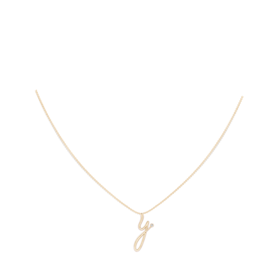 2mm HSI2 Bezel Set Diamond Lowercase "Y" Initial Pendant in Yellow Gold body-neck