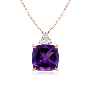 14.12x14.06x9.27mm AAAA GIA Certified Cushion Amethyst Pendant with Trio Diamonds in 18K Rose Gold