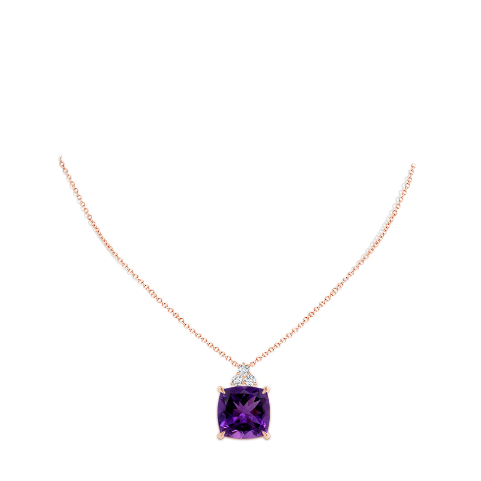 14.12x14.06x9.27mm AAAA GIA Certified Cushion Amethyst Pendant with Trio Diamonds in 18K Rose Gold pen